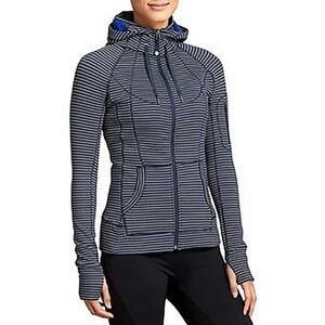 Athleta Bright Striped Strength Hoodie Blue White Small Fleece Lined Thumb Holes